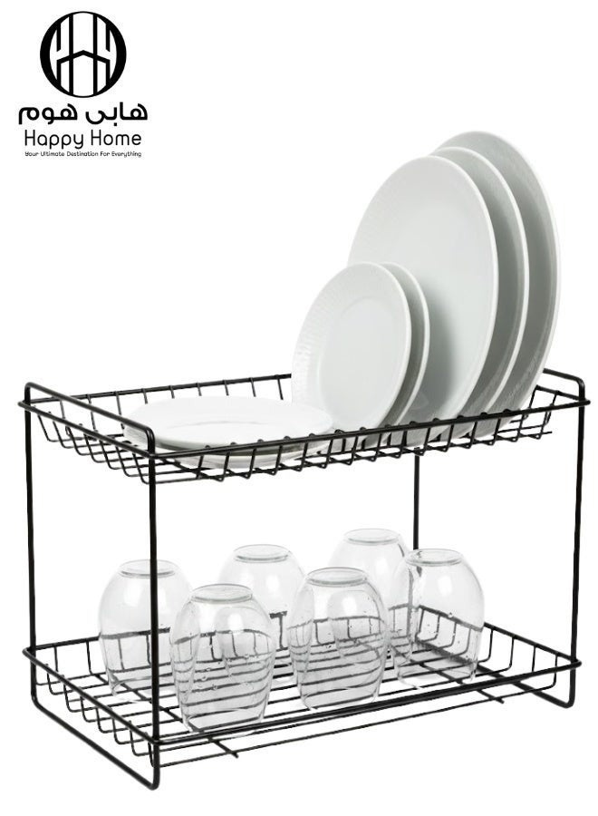 Happy Home 2-Tier Modern Metal Dish Rack – Stainless Steel Drying Rack for Plates, Cups, and Kitchen Utensils – Large Capacity 38 × 27 cm for Organizing and Drying Plates, Bowls, Glasses, Spoons, and Forks – Rust-Resistant, Easy to Clean – Stylish Black Design for Modern Kitchens - Image 2
