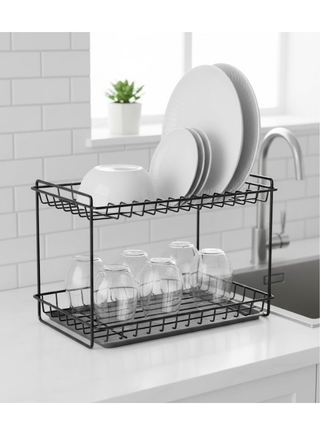Happy Home 2-Tier Modern Metal Dish Rack – Stainless Steel Drying Rack for Plates, Cups, and Kitchen Utensils – Large Capacity 38 × 27 cm for Organizing and Drying Plates, Bowls, Glasses, Spoons, and Forks – Rust-Resistant, Easy to Clean – Stylish Black Design for Modern Kitchens - Image 4