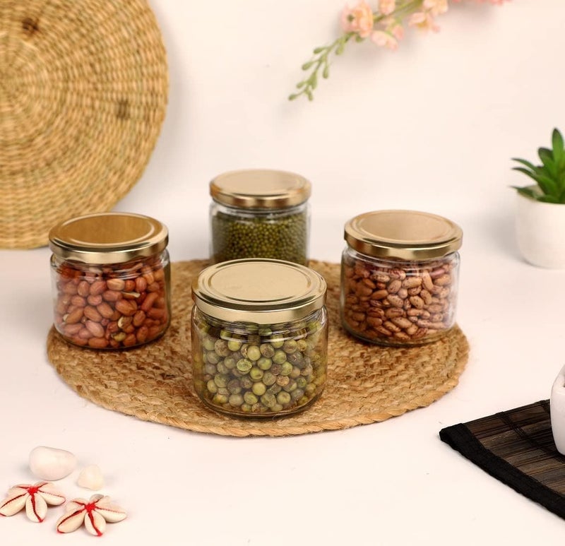 Cartvilla Cartvilla 350 ml Glass Jars Transparent Round Shape Golden Lid Air Tight Kitchen Organizer Salsa Jar Storage container for Cakes Jam Pickle Tea Coffee Chutney Set of 6 - Image 2