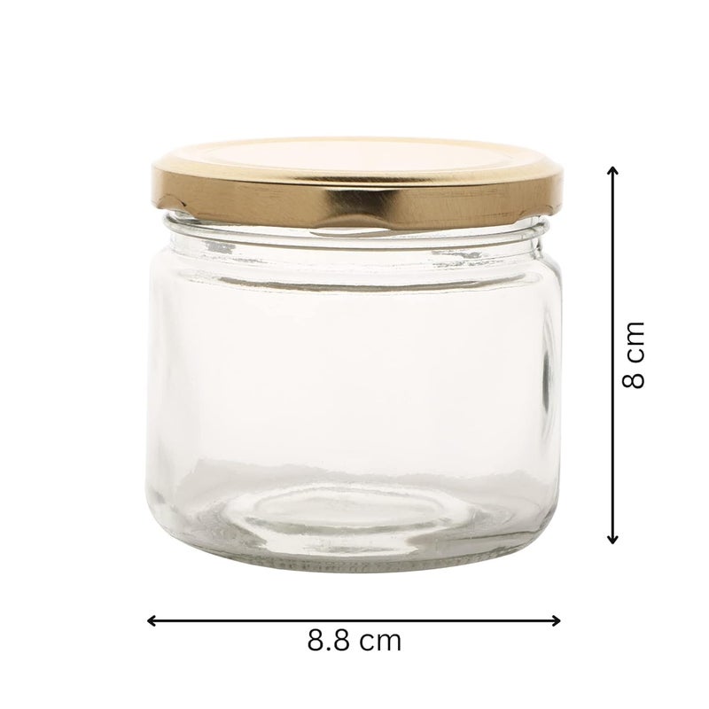 Cartvilla Cartvilla 350 ml Glass Jars Transparent Round Shape Golden Lid Air Tight Kitchen Organizer Salsa Jar Storage container for Cakes Jam Pickle Tea Coffee Chutney Set of 6 - Image 4