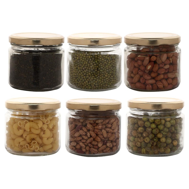 Cartvilla Cartvilla 350 ml Glass Jars Transparent Round Shape Golden Lid Air Tight Kitchen Organizer Salsa Jar Storage container for Cakes Jam Pickle Tea Coffee Chutney Set of 6 - Image 1