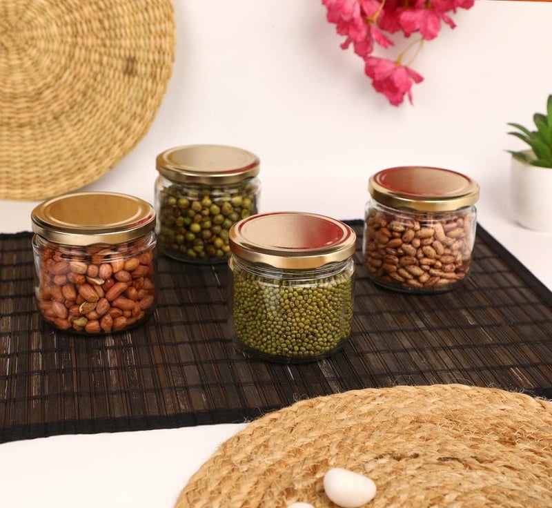 Cartvilla Cartvilla 350 ml Glass Jars Transparent Round Shape Golden Lid Air Tight Kitchen Organizer Salsa Jar Storage container for Cakes Jam Pickle Tea Coffee Chutney Set of 6 - Image 3