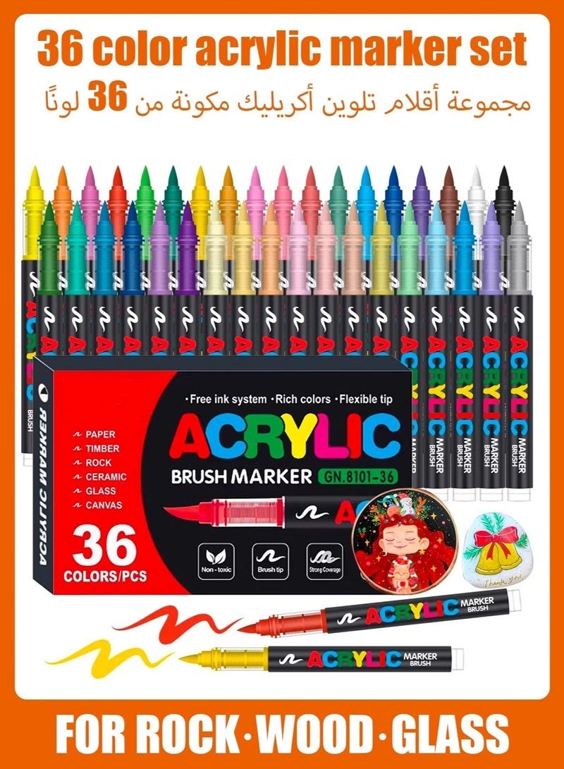 GuangNa 36 Colors Acrylic Paint Markers | Soft Brush Tip Paint Pens Set | Water-Based, Non-Toxic & Odorless | No Bleeding, Quick Dry & Waterproof | Works on Canvas, Rock, Wood, Glass, Ceramic, Fabric, Metal, Stone, Paper | Ideal for Artists, DIY Crafts, School & Gifts - Image 1