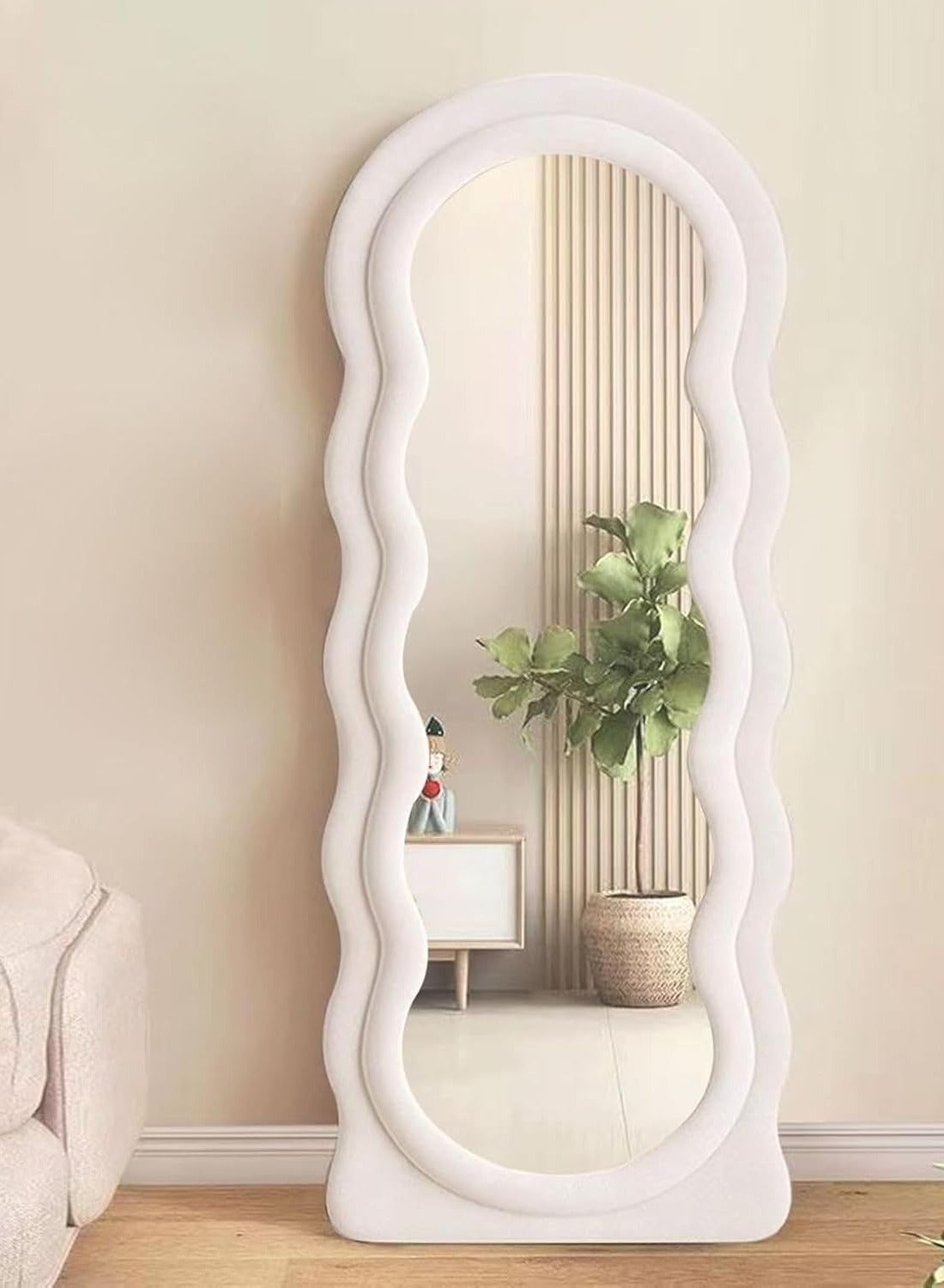 Full Length Mirror, Arched Double Layer Wavy Design Mirror, Velvet Frame, White Mirror, Wall Mount & Standing for Living Room, Bedroom, Dressing Room