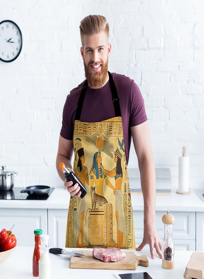Moslion Egyptian Apron 31x27 Inch Vintage African Papyrus Pharaoh Maids with Sword Cat Bird Kitchen Chef Waitress Cook Aprons Bib with Adjustable Neck for Women Men Girls Brown - Image 3