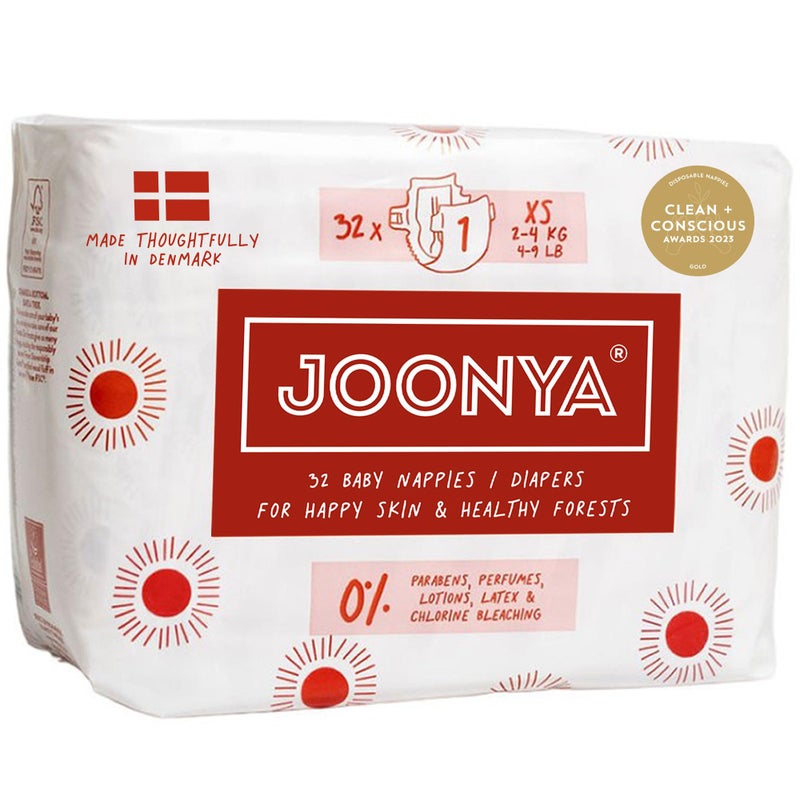 Joonya Baby Diapers, Size 1 XS (4-9 lb) - 1 Bag of 32 - Non Toxic, Eco-Friendly, High Absorbency, Overnight Use, Ultra Slim & Soft - Made in Denmark - Image 1