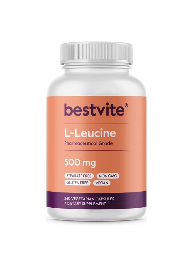 BESTVITE - L-Leucine 500mg per Capsule (240 Vegetarian Capsules) - No Stearates - No Fillers - No Flow Agents - Vegan - Non GMO - Gluten Free - Image 1
