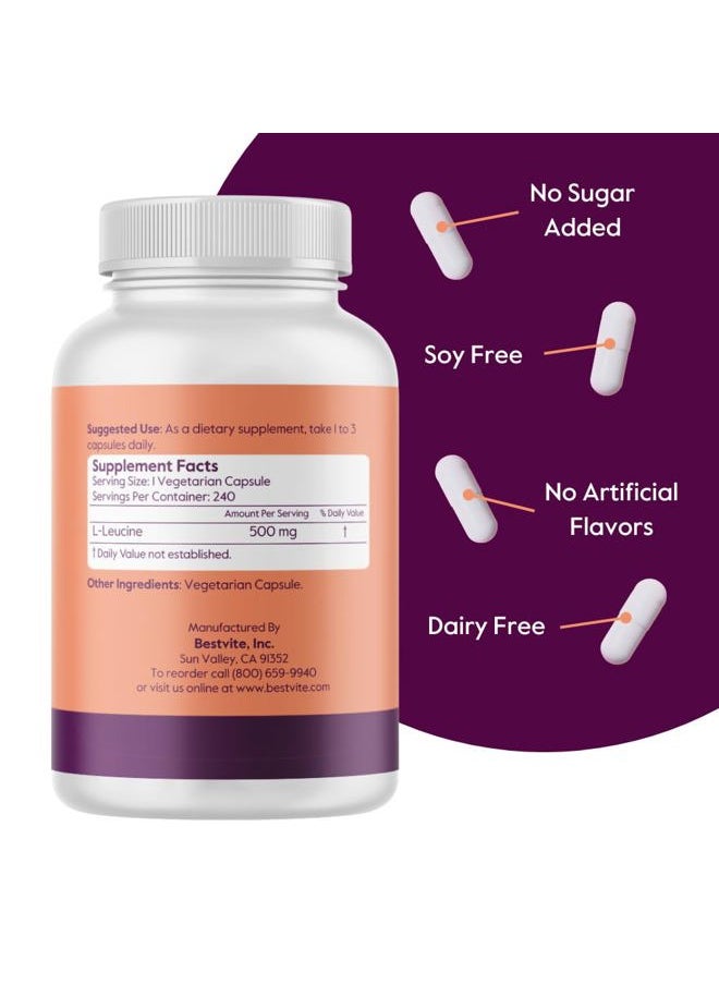 BESTVITE - L-Leucine 500mg per Capsule (240 Vegetarian Capsules) - No Stearates - No Fillers - No Flow Agents - Vegan - Non GMO - Gluten Free - Image 1