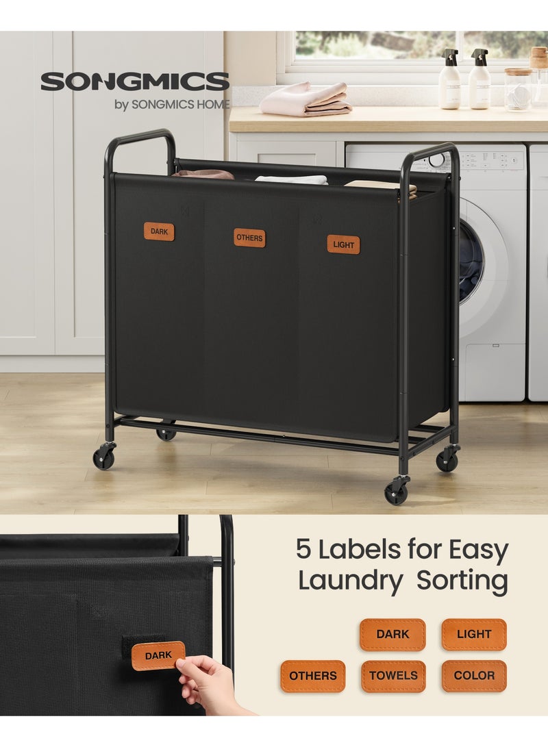 SONGMICS HOME 3-Section Laundry Sorter, Laundry Hamper with Wheels, Rolling Clothes Hamper Cart with Large Capacity and Removable Bags, for Laundry Room, Bedroom, Bathroom, Ink Black - Image 2