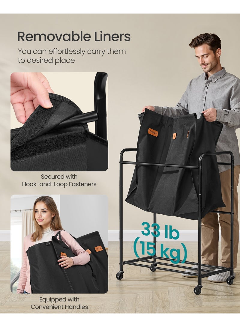 SONGMICS HOME 3-Section Laundry Sorter, Laundry Hamper with Wheels, Rolling Clothes Hamper Cart with Large Capacity and Removable Bags, for Laundry Room, Bedroom, Bathroom, Ink Black - Image 5