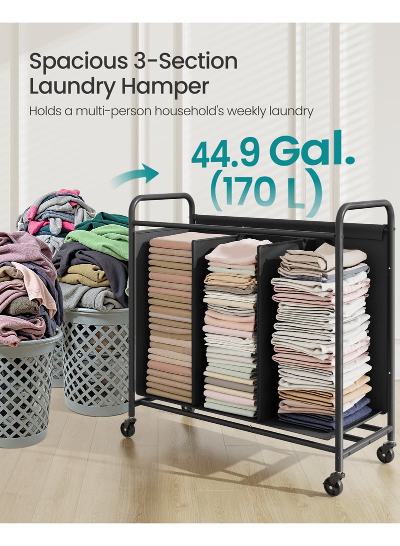 SONGMICS HOME 3-Section Laundry Sorter, Laundry Hamper with Wheels, Rolling Clothes Hamper Cart with Large Capacity and Removable Bags, for Laundry Room, Bedroom, Bathroom, Ink Black - Image 3
