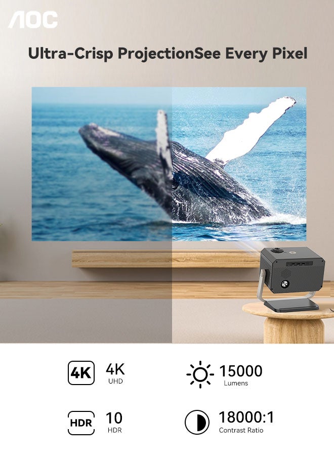 اي او سي جهاز عرض محمول بدقة 4K/1080P، تركيز تلقائي/تصحيح تلقائي للزاوية/زاوية قابلة للتعديل/جهاز عرض مع Wifi6 وبلوتوث، 15000 لومن، متوافق مع iOS/Android/PC/PS4/PS5 للعمل والألعاب - Image 2