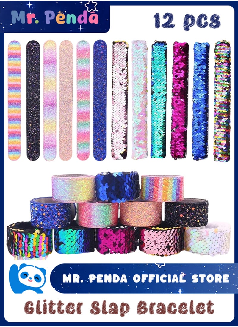 Mr. Penda - 12 PCS Glitter Slap Bracelet for Kids, Sequin Mermaid Bracelet Wristband for Birthday, Party Favors Supplies for Kids - Image 1