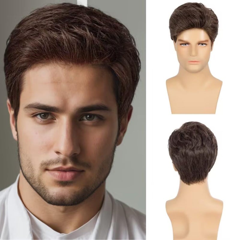 Swiking Brown Wigs for Men Short Layered Cosplay Costume Party Natural Hair for Male Guy Synthesis Full Wig Brown