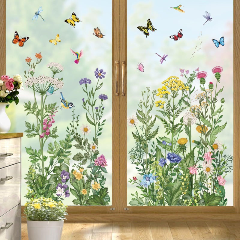 wondever Spring Summer Wild Flowers Window Clings Vintage Wildfloral Butterflies Glass Sticker Decal Anti Collision Double-Side Static Window Stickers for Home Glass Window - Image 2