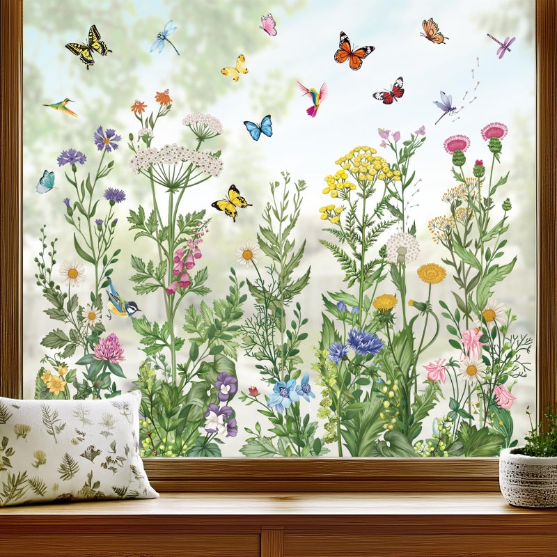 wondever Spring Summer Wild Flowers Window Clings Vintage Wildfloral Butterflies Glass Sticker Decal Anti Collision Double-Side Static Window Stickers for Home Glass Window - Image 1
