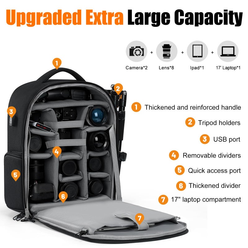 CADeN Camera Backpack, Extra Large DSLR Camera Bag with 17" Laptop Compartment, Waterproof Rain Cover, Professional Travel Hiking Camera Backpack Bag - Image 2