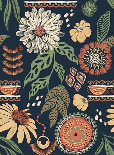 Simon&Siff SimonSiff Boho Peel and Stick Wallpaper 173 x 80 Blue Sun Floral Retro Contact Paper Removable Self Adhesive Wall Paper for Cabinets Furniture Bedroom Bathroom Renter Friendly DIY Decor - Image 1