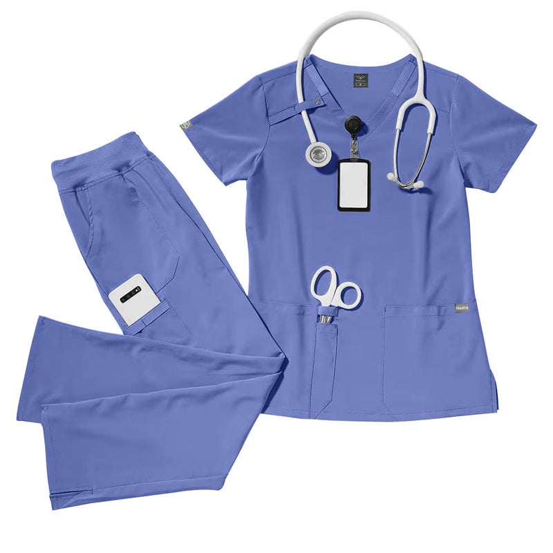 TEXSENDA NiaaHinn Men's and Women's Short Sleeve Moisture-Wicking Medical Scrubs Set in Dark Sky Blue for Spa, Surgery, ICU - Image 1