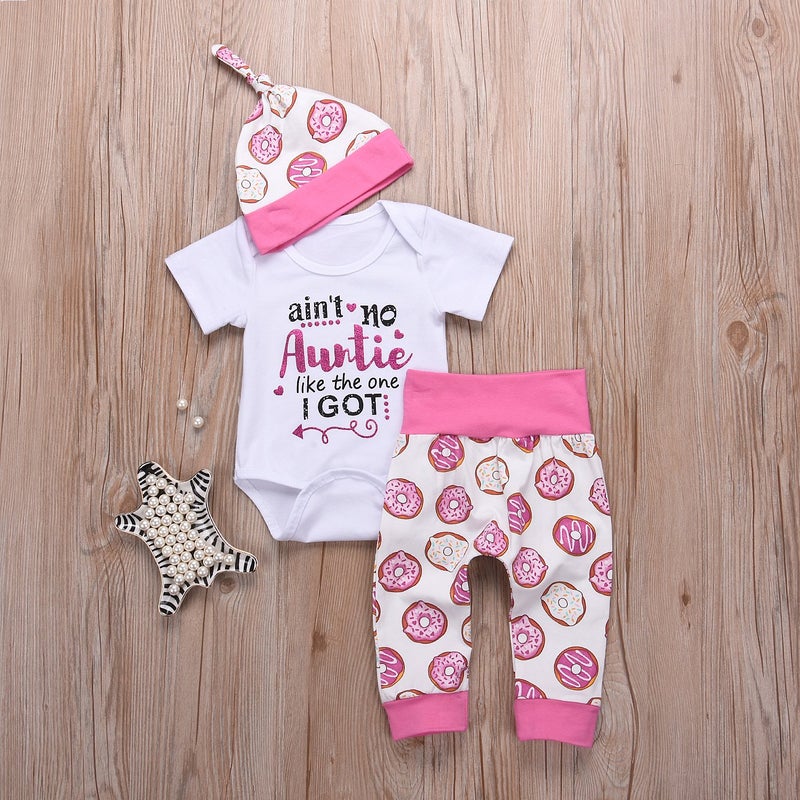 Besokuse 3Pcs/Set Newborn Baby Girls Outfit Auntie Bodysuit Romper with Headband+Donuts Long Pants Clothes Set (Pink, 0-6M) - Image 2