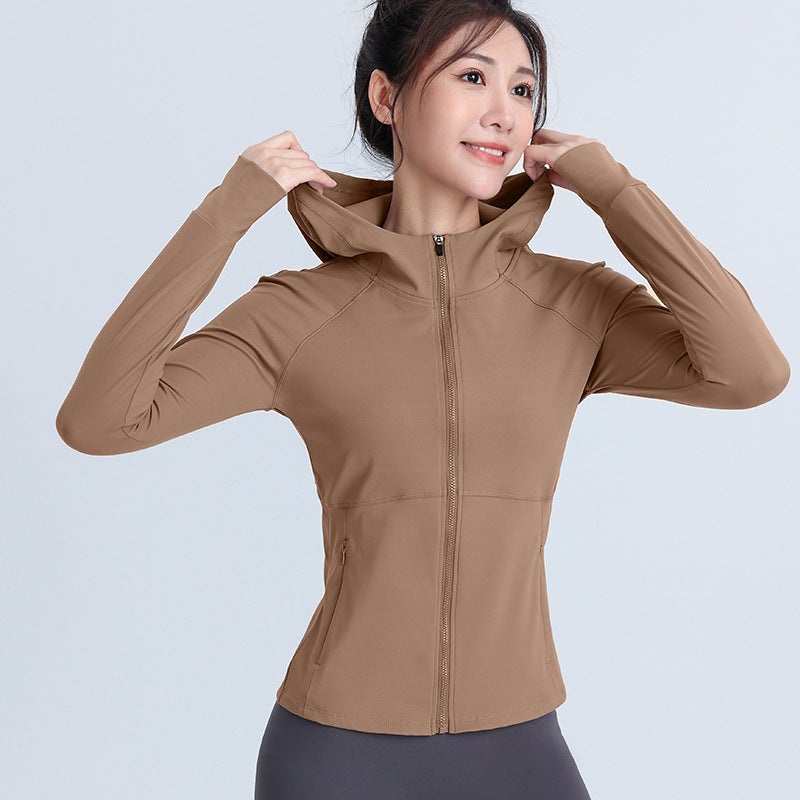 Generic Womens Fleece-Lined Yoga Jacket with Hoodie and Pockets Cocoa (thin) 