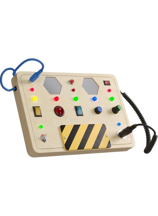 Crown Display - Crown Display Montessori Busy Board for Toddlers Wooden Sensory Toys for Toddlers with Light Up LED Buttons Pluggable Wires Baby 3 Year Old Gifts - Boys & Girls Educational Learning Fidget Toy - Image 1