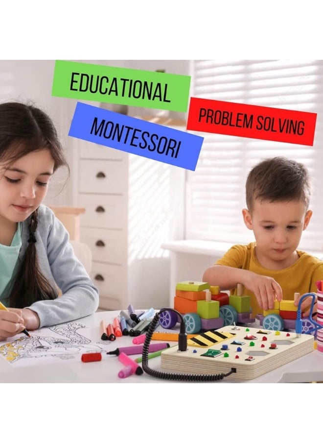 Crown Display - Crown Display Montessori Busy Board for Toddlers Wooden Sensory Toys for Toddlers with Light Up LED Buttons Pluggable Wires Baby 3 Year Old Gifts - Boys & Girls Educational Learning Fidget Toy - Image 1