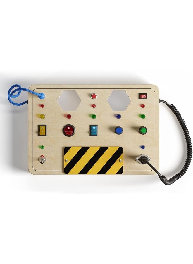 Crown Display - Crown Display Montessori Busy Board for Toddlers Wooden Sensory Toys for Toddlers with Light Up LED Buttons Pluggable Wires Baby 3 Year Old Gifts - Boys & Girls Educational Learning Fidget Toy - Image 1