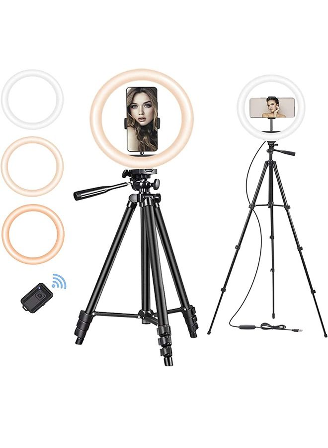 Padom 10'' Ring Light with 50'' Extendable Tripod Stand and Bluetooth remote , LED Circle Lights with Phone Holder for Live Stream/Makeup/YouTube Video/TikTok, Compatible with All Phones - Image 1