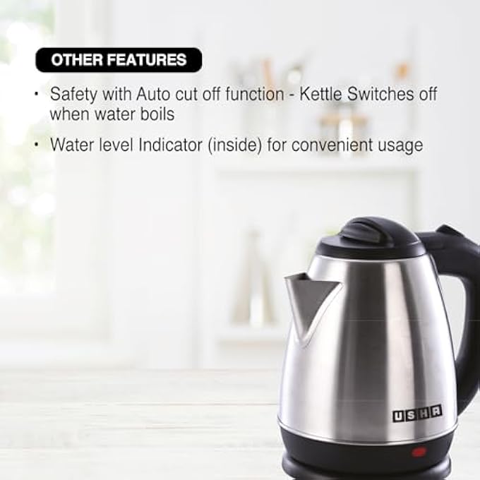 Usha Electric Kettle 1200W  15L Cool Touch Handle  Wider Mouth  FoodGrade Stainless Steel  Safety With Auto CutOff Function Silver  Black - Image 4