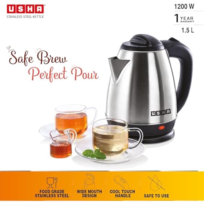 Usha Electric Kettle 1200W  15L Cool Touch Handle  Wider Mouth  FoodGrade Stainless Steel  Safety With Auto CutOff Function Silver  Black - Image 3