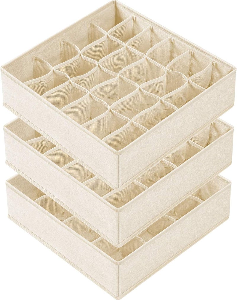 Criusia 3 Pack Sock Underwear Drawer Organizer Dividers, 64 Cell Fabric Foldable Cabinet Dresser Closet Organizers and Storage Boxes for Organizing Socks, Underwear, Ties (16+24+24 Cell, Beige) - Image 1