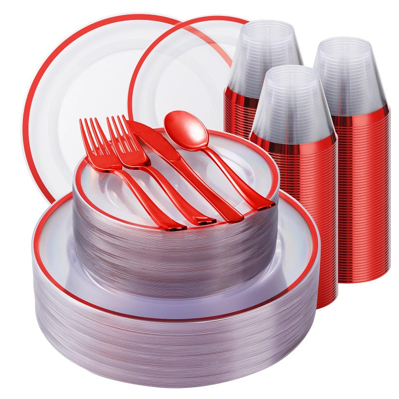 BESTSTAR 350PCS Red and Clear Plastic Dinnerware Sets for 50 Guests  Include 100 Red Disposable Party Plates  100 Forks  50 Knives  50 Spoons  50 Cups - Image 1