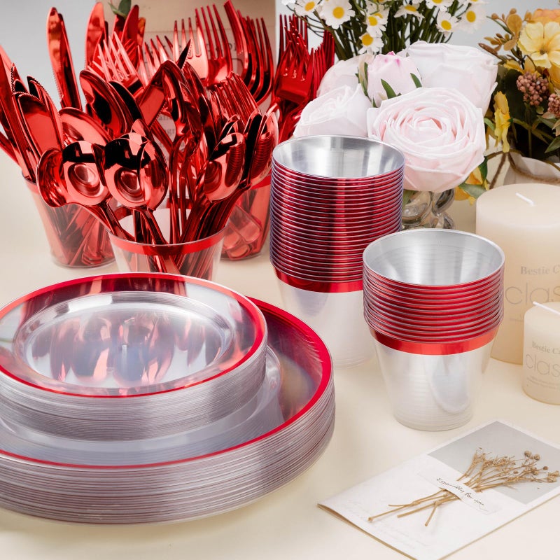 BESTSTAR 350PCS Red and Clear Plastic Dinnerware Sets for 50 Guests  Include 100 Red Disposable Party Plates  100 Forks  50 Knives  50 Spoons  50 Cups - Image 4