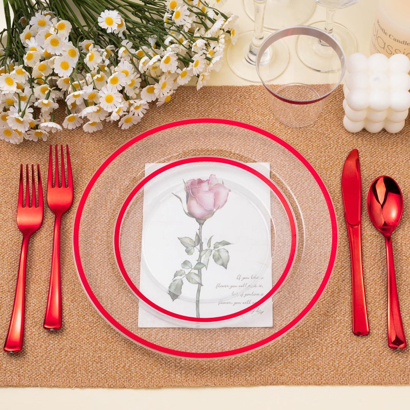 BESTSTAR 350PCS Red and Clear Plastic Dinnerware Sets for 50 Guests  Include 100 Red Disposable Party Plates  100 Forks  50 Knives  50 Spoons  50 Cups - Image 5