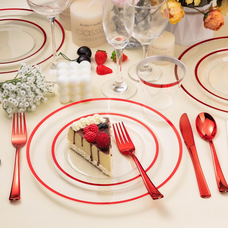 BESTSTAR 350PCS Red and Clear Plastic Dinnerware Sets for 50 Guests  Include 100 Red Disposable Party Plates  100 Forks  50 Knives  50 Spoons  50 Cups - Image 3