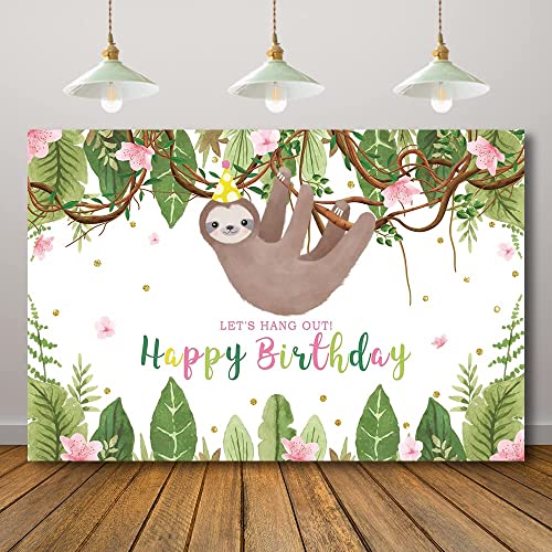 Rarcoirs Lets Hang Out Safari Jungle Neutral Sloth Birthday Party Photoshoot Background Green Leaves 71X47inch - Image 1