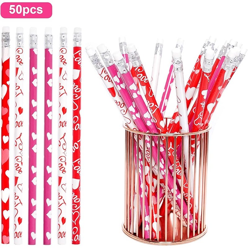 Nydotd 50Pcs Valentines Day Pencils, Bulk Valentines Wood Pencils with Erasers - Valentine's Day Exchange Gifts Party Goodie Bags Fillers Giveaways Heart Pattern - Image 3