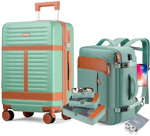 Lumesner 5 Piece Luggage Sets with Travel Backpack, 20" Carry On Hardside Spinner Suitcases, TSA Lock, Durable PC (Green, 5 piece set (20inch)) - Image 1