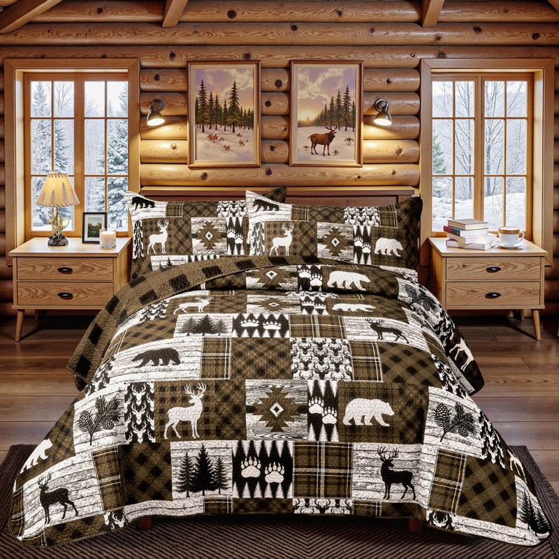 Tritard 3 Piece Cabin Full/Queen Quilt Sets Farmhouse Rustic Reversible Microfiber Soft Lightweight Bedspread Coverlet with 2 Shams Patchwork Country Lodge Bedding Quilts Set for All Season, 90''x96'', Brown - Image 1