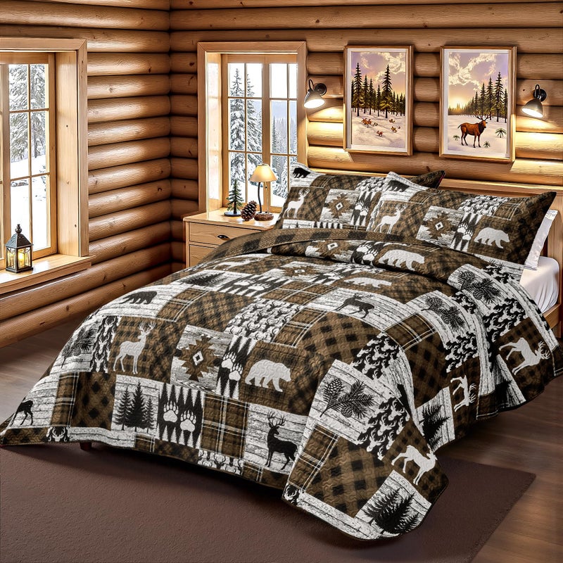 Tritard 3 Piece Cabin Full/Queen Quilt Sets Farmhouse Rustic Reversible Microfiber Soft Lightweight Bedspread Coverlet with 2 Shams Patchwork Country Lodge Bedding Quilts Set for All Season, 90''x96'', Brown - Image 2