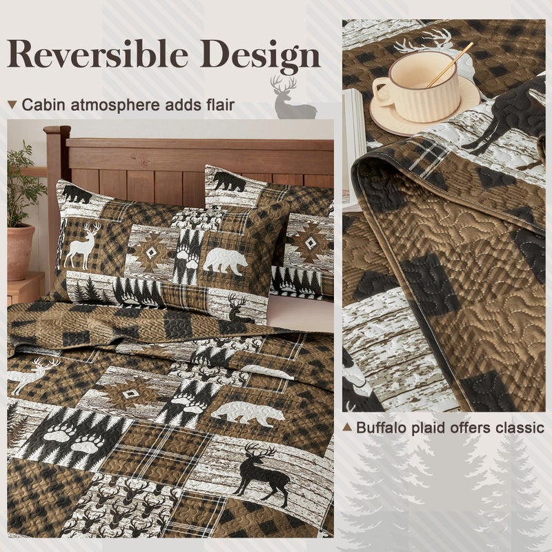 Tritard 3 Piece Cabin Full/Queen Quilt Sets Farmhouse Rustic Reversible Microfiber Soft Lightweight Bedspread Coverlet with 2 Shams Patchwork Country Lodge Bedding Quilts Set for All Season, 90''x96'', Brown - Image 4