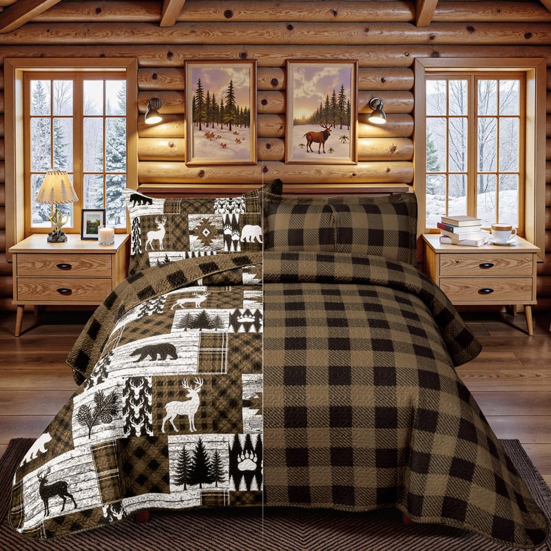 Tritard 3 Piece Cabin Full/Queen Quilt Sets Farmhouse Rustic Reversible Microfiber Soft Lightweight Bedspread Coverlet with 2 Shams Patchwork Country Lodge Bedding Quilts Set for All Season, 90''x96'', Brown - Image 3