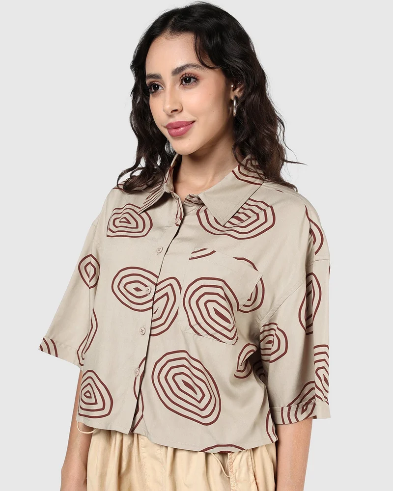 Women's Beige All Over Printed Oversized Crop Shirt