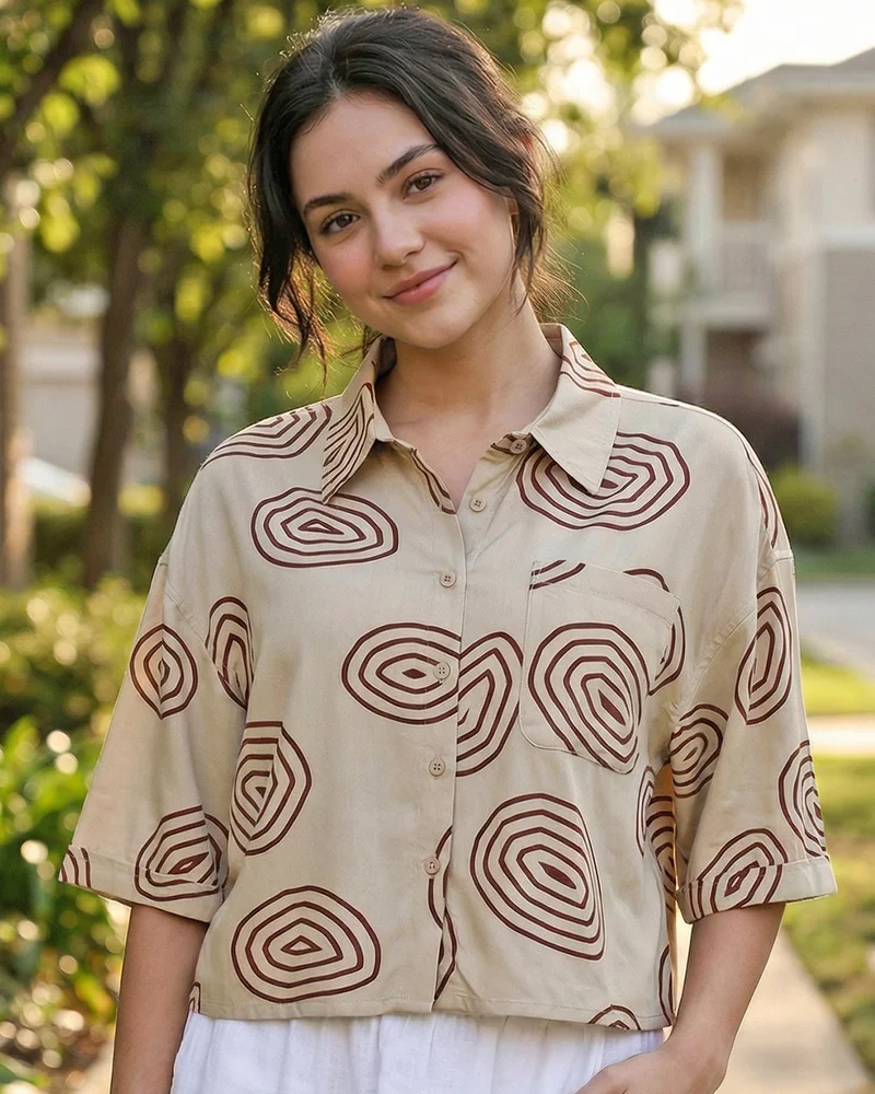 بيواكوف Women's Beige All Over Printed Oversized Crop Shirt