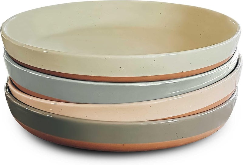 Mora Ceramic Flat Pasta Bowl Set of 4-35oz, Microwave Safe Plate with High Edge - Modern Porcelain Dinnerware for Kitchen and Eating, Large Wide Bowls/Plates for Serving Dinner, Salad, etc- Neutrals - Image 1