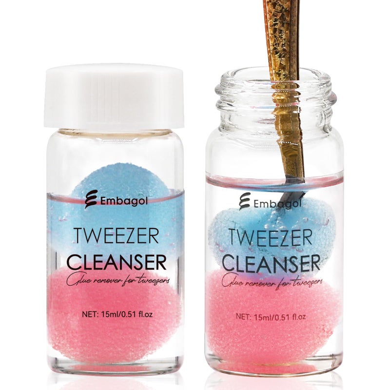Embagol 2 Bottles Tweezer Cleanser for Eyelash Extensions Tweezers Glue Remover Liquid for Lash Tools with 2 Spongeballs(2 Bottles Cleanser) - Image 1