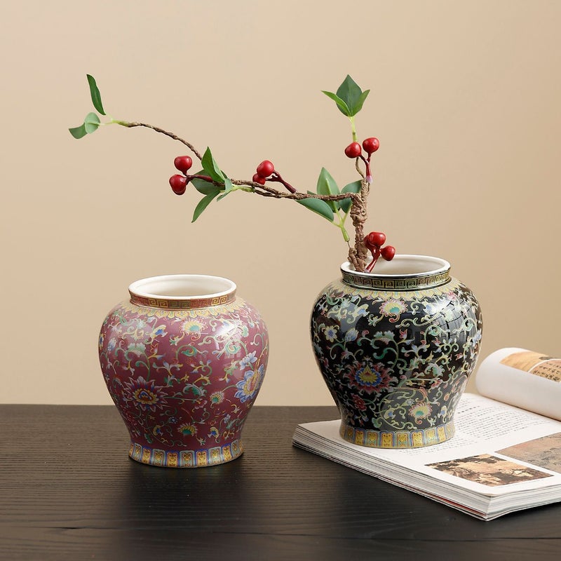 1PC Vintage Chinese Enamelware Ceramic Black Vase Living Room Decor Home Ornament Four Seasons Windowsill Decoration Flower Arrangement Vase Hydroponic Flower Pot Corporate Souvenir Wedding Favor - Image 2