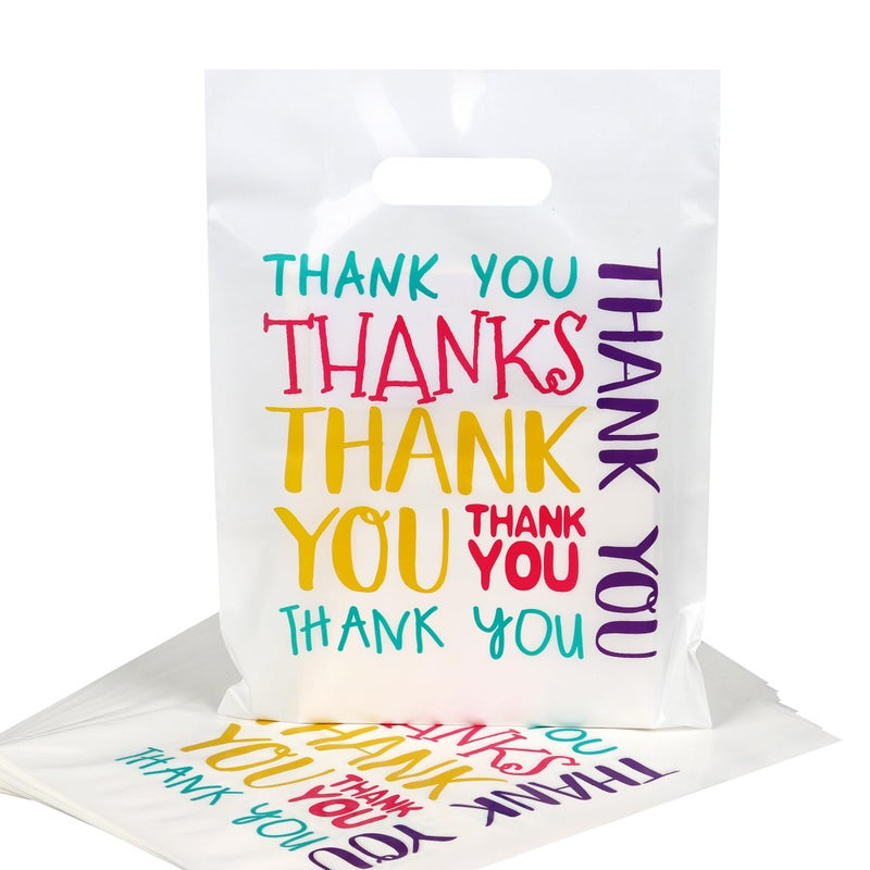 POPGIFTU 100Pcs Thank You Merchandise Bags Plastic Retail Shopping Bags for Stores, Boutique, Party, Gift and More Reusable Plastic Thank You Bags 9x12 Inch (Colorful Thank You) - Image 1