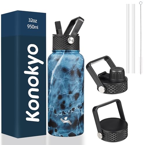 Konokyo 32 oz Insulated Water Bottle Stainless Steel Sport Bottles with 3 Lids,Marble Ocean - Image 1